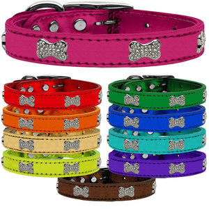 Bella Sparkles Dog Collar - Genuine Leather in Metallic Collar with Crystal Dog Bones